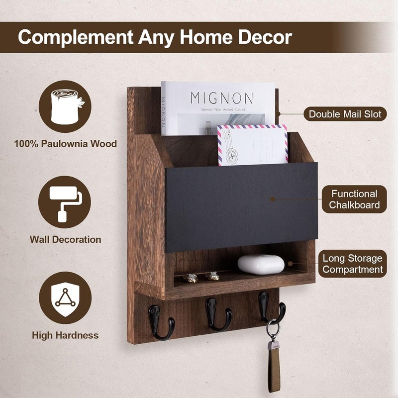 Lucundm Key and Mail Holder for Wall, Key Holder with Chalkboard and Long Storage Box, Key Hanger with 3 Sturdy Hooks for Coat, Dog Leash, Entryway Mail Organizer (Brown) - Image 3